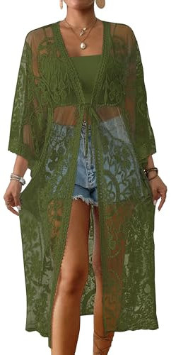 Bsubseach Bathing Suit Cover Ups for Womens Lace Kimono Summer Cardigan Swimsuit Coverup Short Beach Dusters Army Green