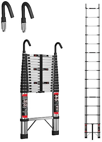 Scala telescopica 4,4 M/14,4 FT, scaletta estensibile in acciaio inox con 2 ganci staccabili, scala compatta pieghevole per la casa, capacità di 330 lbs
