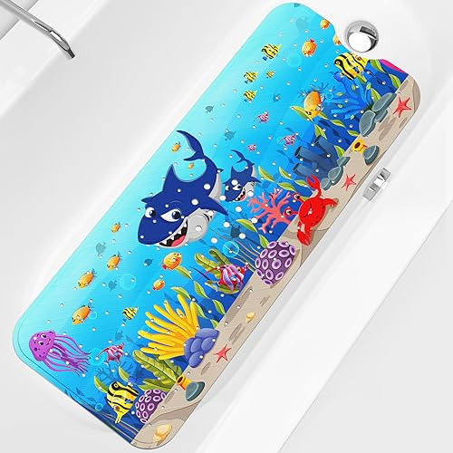 XIYUNTE Baby Bath Mats Non Slip Anti Mould, Cartoon Kids Bath Mat Non Slip, 100x40cm Extra Large Baby Shower Mat Non Slip Bath Mat with Suction Cups & Drain Holes, Machine Washable, Baby Shark
