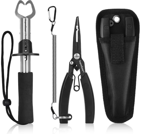 supregear Fishing Pliers Set, Stainless Steel Fish Hook Remover Multi-Function Fishing Line Cutters with Sheath and Coiled Lanyard Fishing Tool, Black