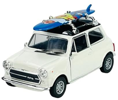 Welly Mini Cooper Ur Modell Weiss mit Schwarzem Dach und Surfbrett 1959-2000 1/34-1/39 Metal Modell Auto Die Cast Neu im Kasten