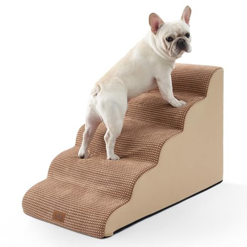 COZY KISS Hundetreppe für Kleine Hunde 57cm, Haustiertreppe für Hochbett aus Hochdichtem Schwamm, Hunde Treppe Hunderampe mit Waschbarem Bezug und Rutschfestem Boden, 40x84x57cm, 5 Stufen, Hellbraun