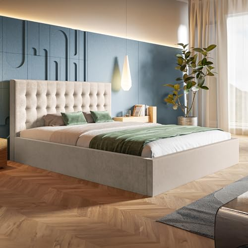 MOTIVENA Lili Polsterbett 160x200 Beige, Polsterbett 160x200 Samt, Polsterbett 160x200 mit Bettkasten, Polsterbett 160x200 mit Stauraum, mit Lattenrost, mit Kopfteil, ohne Matratze, Beige