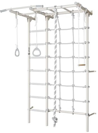 JEFLEX - weiß/grau Seil-Klettergerüst für Kinder/Kinder Sprossenwand mit robustem Seil, Klettergriffe & eine Stange/fördert Fitness & Koordination/Simple Installation/inkl. Kletterwand-Zubehör