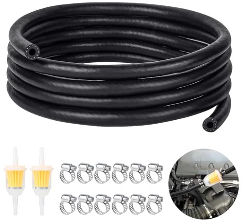 Furuising 3 Meters Fuel Pipe 8mm ID, 5/16 Inch Fuel Line Set, Rubber Fuel Hose with 2pcs 6 mm / 8 mm Petrol Filter + 12 Hose Clamps for Motorcycle, Lawnmowers, Car, Engines
