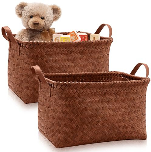 Duscdesp 2 Pcs Storage Baskets,Large Wicker Storage Basket for Shelves Woven Basket with Handle Seagrass Storage Baskets Storage Box Organizer for Bedroom Bathroom Office