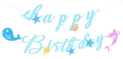 Little Mermaid Birthday Decorations, Glitter Paper Mermaid Birthday Banner Flag, Mermaid Birthday Party Supplies for Boys, Girls, Kids Baby Shower, Mermaid Birthday Banner for Party Themed Events
