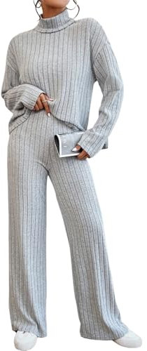 shownicer Damen Zweiteiler Strickanzug 2 Teiler Set Langarm Gerippt Strickpullover und Hose Loungewear Set Zweiteiler Outfit Freizeitanzug Casual Jogginganzug A Grau M