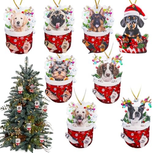 JULMELON Weihnachtsbaumschmuck, 10 Stück Hund 2D Weihnachtsanhänger aus Acryl Weihnachtsschmuck zum Aufhängen Weihnachtlicher Baumschmuck für Autoschmuck