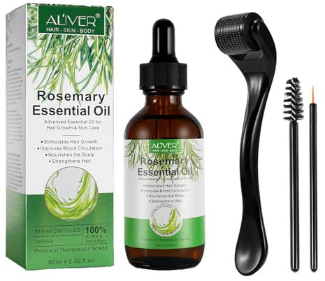 Rosmarinöl für Haarwachstum, +Dermaroller 0,5mm für Haarwachstum, Bartwuchs, Wimpernpflege und Hautpflege - Natürliches ätherisches Öl mit aroma