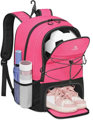 MATEIN Girls Soccer Backpack, Large Basketball Bag with Ball Holder & Shoe Compartment for Tournament & Game Day, Lightweight Youth Sports Bag with Fence Hook Fits 15.6 Inch Laptop, Soccer Team Gifts