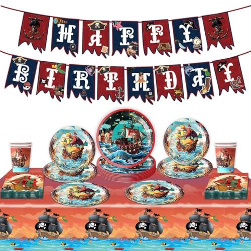 Piraten Geburtstag Geschirr Set,Piratenschiff Partygeschirr Set Pappteller Kindergeburtstag,Piratenschiff Partyteller für 10 Gäste Kindergeburtstag Party Geschirrset