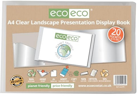 eco-eco Eco175 Porte-vues A4 50% recyclé avec 20 pochettes en plastique Transparent Format paysage