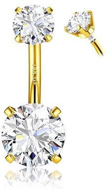Bauchnabelpiercing Gold Chirurgenstahl Für Damen - Echt Titan Bauchnabelpiercing Silber 925 Runder Zirkonia Bauchnabel Ring 14G Hypoallergener Nabelpiercing Lang 6/8/10/12MM Stablänge Messing-12 MM