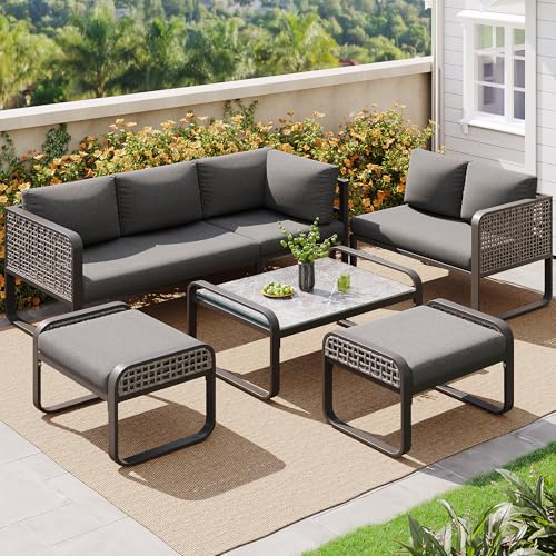 KUAKE Gartenmöbel Set Balkonmöbel für 5-6 Personen,Rattan Garten Lounge Möbel Set,Garten Lounge Set,Ecksofa mit verzinktem Eisengestell, verstellbare Beine,für Garten Balkon und Terrasse (Grau)