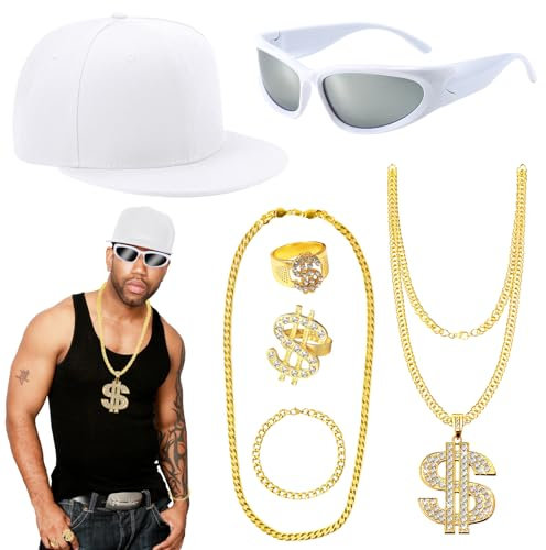 7 Stück Hip Hop Kostüm Set, 80/90er Rapper Kostüm Zubehör mit Weißer Kappe Sonnenbrille Dollarzeichen-Halskette Ringen Fake-Goldkette für Damen Herren Karneval Cosplay Disco Party
