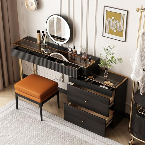 Lartis Schminktisch, ausziehbares Kommode, Makeup Vanity, super Stauraum, LED-beleuchteter Kosmetikspiegel mit Esche, komplett aus Massivholz (Black Brown, 1 Sub Cabinet)