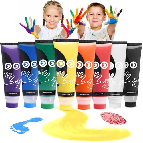 8 Couleurs Peinture au Doigt, Non Toxique 8x75ml Peinture Bebe Set Avec Attachement Éponge, Encre Empreinte Bébé Peinture Lavable pour Enfants Convient Cadeau pour Bébé, Peinture à la Main