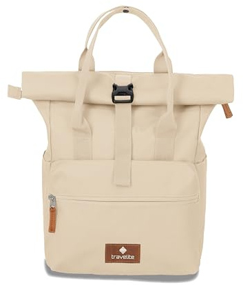 Travelite Handgepäck Rucksack, Laptop Rucksack 14 Zoll, Basics Short Handle Rollup, Reiserucksack Rolltop Funktion, Off-White, 37-46 cm, 14 Liter
