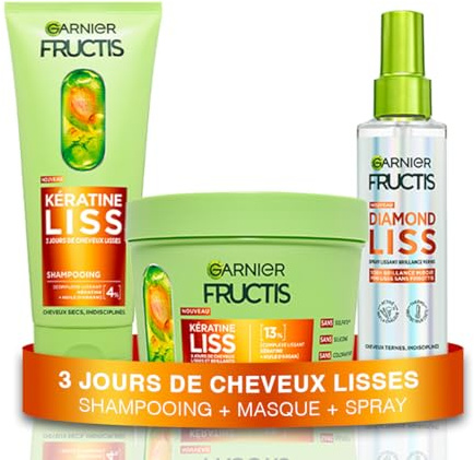 Garnier Fructis Kératine Liss Routine 3 Produits Cheveux Lisses & Brillants | Shampooing Masque & Spray Diamond Liss, 3 jours cheveux lisses, 100H brillance, Thermoprotecteur 230°C, Anti-Frisottis
