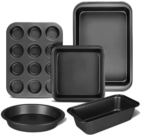 5 Stück Küche Antihaft-Backform Set rund, eckig, Muffin, Brot & Blech | 5-teiliges Antihaft-Backformen Set – langlebig & kratzfest – rund, eckig, Muffin, Brotform & Backblech