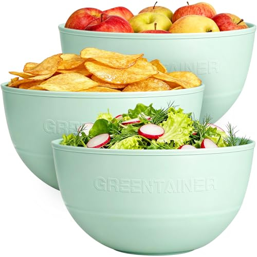 Greentainer Salatschüssel Groß 3er Set - Bruchsicher Schüsseln für Chips, Snacks & Salat -4L Servierschüssel aus Kunststoff BPA-frei,Spülmaschinen- und Mikrowellenfest- -Grün