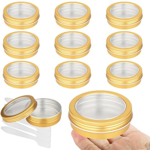 BPackGo 10 Pcs 100ml Gold Round Aluminium Tin, Aluminum Tins with Screw Lids Clear Window, Aluminum Tin Cans, Lip Balm Tins, Small Metal Tins Pots Container for Candles, Cream, Powder, Cosmetics