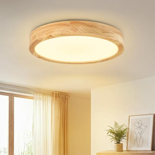 Dehobo LED Deckenleuchte 24 W, Deckenlampe Holz ∅ 30 cm, Schlafzimmerlampe | Moderne Deckenlampe Schlafzimmer sandweiß, Deckenlampe LED warmweiß, Deckenleuchten Ra>83 3100 lm für Küche Flur Kinderzimmer