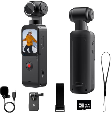 5K Bodycam Körperkamera,Vlog Kamera mit Externem Mikrofon,270° drehbares Objektiv,EIS Bildstabilisierung, WiFi App-Steuerung,Clip & Gurt – Inkl.64GB Karte Vlogging Camera für Sport,Reisen & Action