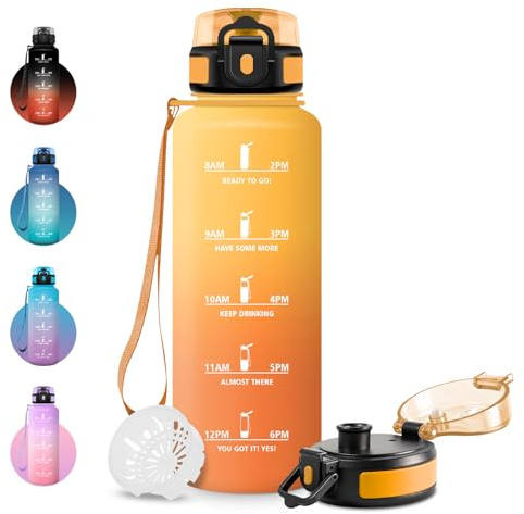 Borraccia Motivazionale 1.5 litri, Borraccia Sportiva, Senza Perdite, Bottiglia Acqua Palestra con Indicazione del Tempo, 1 Clic Aperto, Borracce senza BPA, per Adulto, Corsa, Yoga, Ufficio, Gym