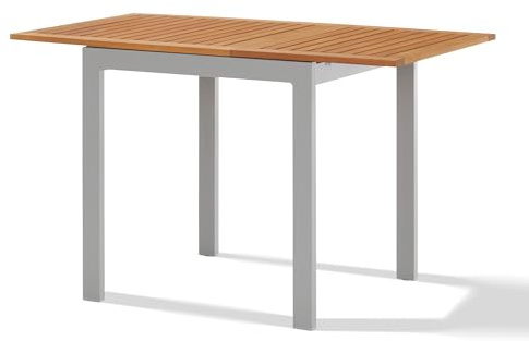 KHG Gartentisch aus Aluminium Hellgrau & Eukalyptus-Holz, 70x75 cm, ausziehbar auf 126 cm, wetterfest, Balkon- & Terrassentisch im Skandi Look für 4 Personen