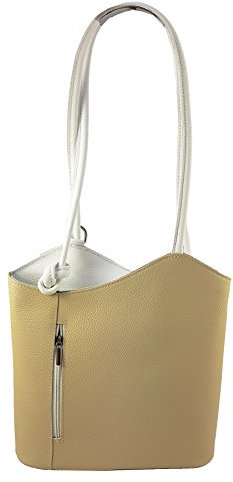 Freyday 2 in 1 Handtasche Rucksack Henkeltasche aus Echtleder in versch. Designs HR03 (Glattleder Beige-Weiß)