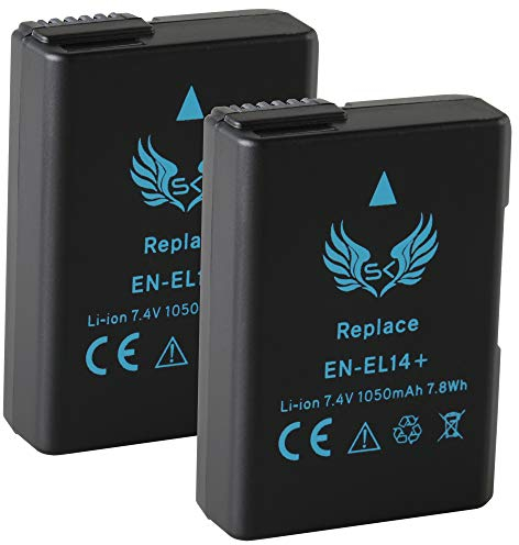 SK Lot de 2 batteries de rechange pour Nikon EN-EL14 | 1050 mAh | EN-EL14A pour Nikon D3100 D3300 D3400 D3500 D5100 D5300 D5500 D5600 DF /// CoolPix P7000 P7700 0 P78. 00