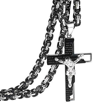 OIDEA Herren Kreuz Anhänger mit Halskette schwarz, Jesus Kette Gravur Bibel Gebet mit silber schwarz 55cm Königskette für Männer