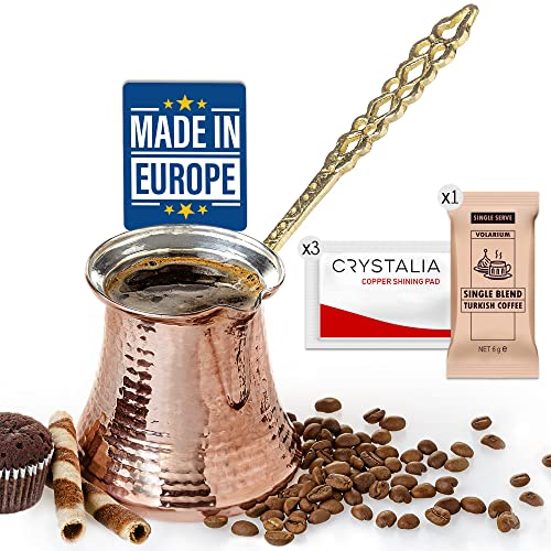 CRYSTALIA Premium Quality Large Turkish Coffee Maker, Hammered Copper Cezve, 425ml Greek Arabic Coffee Pot