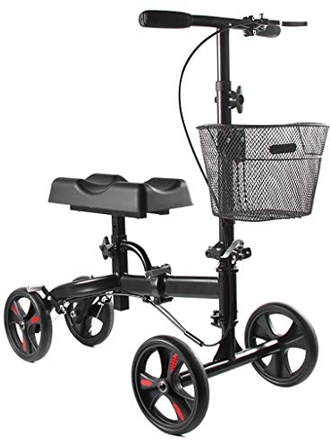 HSRG Faltbare Knie-Roller-Krücke, höhenverstellbare Knie-Gehhilfe mit orthopädischem Sitzpolster und Korb, schwarz