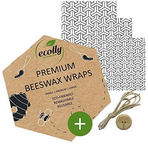 ecolly Bienenwachstücher 3er-Set (S, M, L), Bienenwachspapier, Beeswax Wrap, Plastikfrei & wiederverwendbar, OHNE Jojobaöl, inklusive Knopf & Baumwollfaden - Shoji Kumiko