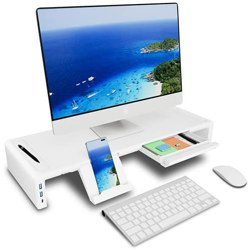 OImatser Support pour écran d’ordinateur, concentrateur USB 3.0, port de données type C, support pliable pour écran d'ordinateur, longueur réglable, tiroir de rangement et fente pour stylo, support de