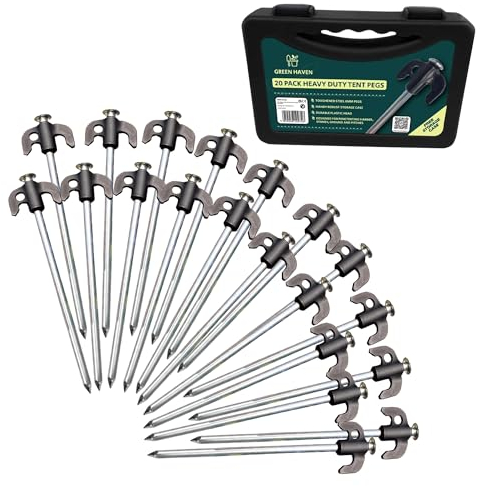 Green Haven 20 Pack Heavy Duty Tent Pegs - Durable Galvanised Steel Ground Stakes Rust-Resistant Tent Pegs Metal Heavy Duty for Camping, Gazebos, Hiking & Outdoor