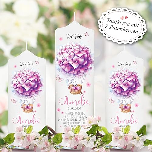 Wandtattoo Loft Taufkerze Mädchen mit Taufspruch + Patenkerze, Motiv Heißluftballon aus rosa Blumen, 25cm x 7cm, personalisierte Kerze Taufe, bedruckte Kerze zur Taufe, Stumpenkerze, Taufgeschenk