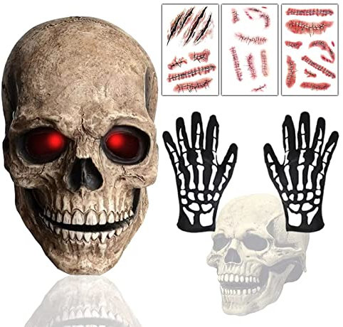 BARVERE Totenkopf Maske Halloween, Leuchtende Skelett Maske mit Skelett Handschuhe und Temporary Tattoos, Halloween Maske aus NatüRlich Latex, Schädel Maske Mit Beweglichem Kiefer für Cosplay Party