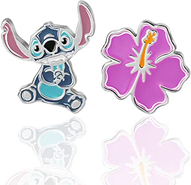 Disney Pendientes de Tuerca con Lilo & Stitch e Flores para niñas, Plata de ley