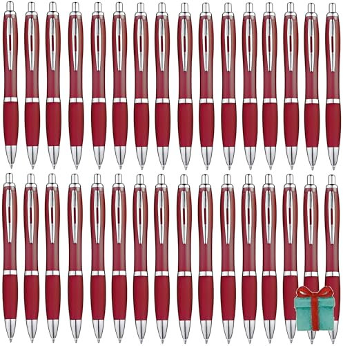 Libetui Set 50 Stück ergonomische Kugelschreiber bordeaux Burgunde Großraummine BLAU Druckkugelschreiber Büro Praxis Uni Haushalt Kulischreiber Dunkelrot