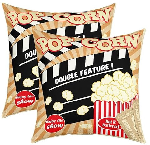 Feelyou Popcorn-Kissenbezüge, wendbar, für Theater, Kino, quadratisch, 2er-Set für Bett, Sofa, Couch, alle Jahreszeiten, Kino-Poster, Design, Heimdekoration, 50,8 x 50,8 cm