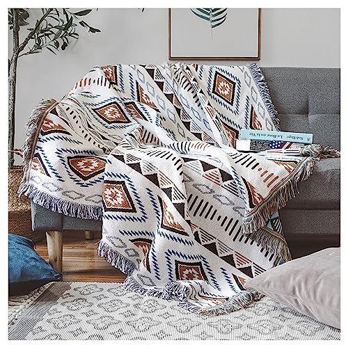 Czyminrout Boho Decke Sofadecke mit Quaste，Sofaüberwürfe Strick Kuscheldecke Bettwurf，Aztekischer ethnischer Stil Decke，für Zuhause,Büro,Reisen, Zelten (Geometrische Muster, 180 * 260cm)