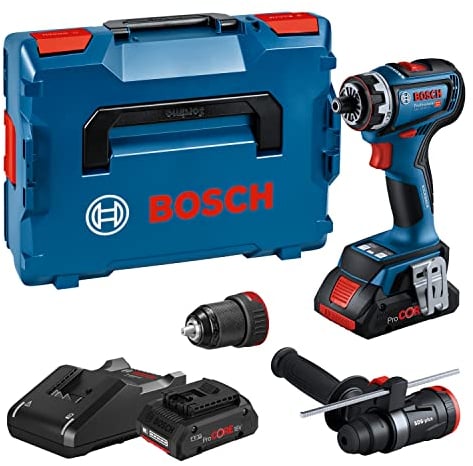 Bosch Professional 18V System Akku Schrauber GSR 18V-90 FC - FlexiClick System (inkl. 1x GFA 18-M, 1x GFA 18-H, 2x Akku ProCORE18V 4.0Ah, Schnellladegerät GAL 18V-40, L-BOXX)