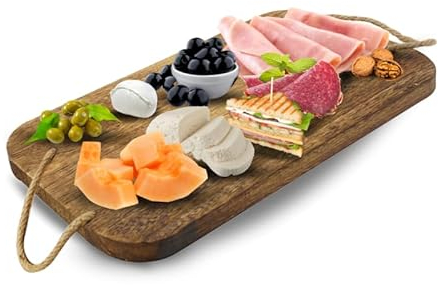 Virsus Tagliere Rettangolare in Legno Naturale 9254, misura 40x24 cm, spessore 2 cm, vassoio con 2 Manici in Corda, Tagliere Salumi per servire Aperitivo, Finger Food, Antipasti