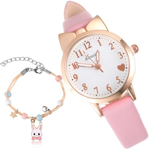 Vokmon Kinderuhr Mädchen Uhr Kinder, 2 Stück Nette Armbanduhr Mädchen Armbanduhr Kinder Uhr und Buntes Kaninchenarmband, Kinder Uhren Mädchen Armbanduhr Kinder Mädchen Kinderarmbanduhren Mädchen