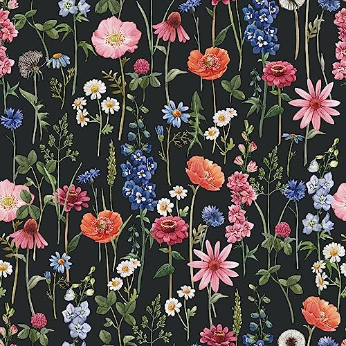 VaryPaper Self Adhesive Botanical Floral Wallpaper 44.5cmx200cm Flower Lining Paper for Wall Black Sticky Back Plastic Stick on Wallpaper for Living Room Bedroom Cupboard Vinyl Wrap for Furniture