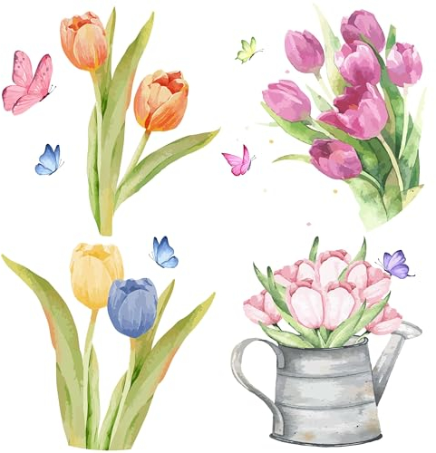 GORGECRAFT 4Stk Tulpen-Fensteraufkleber 16cm Frühling Sommer Fensteraufkleber Schmetterling Blume Fensteraufkleber Abnehmbare Glastür-Abdeckungsfolie Für Zuhause Partyzubehör Glasdisplay-Dekoration